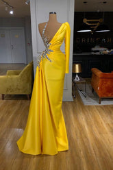 Hot Yellow Long Sleeves Ruffles Sheath Crystal Prom Dress